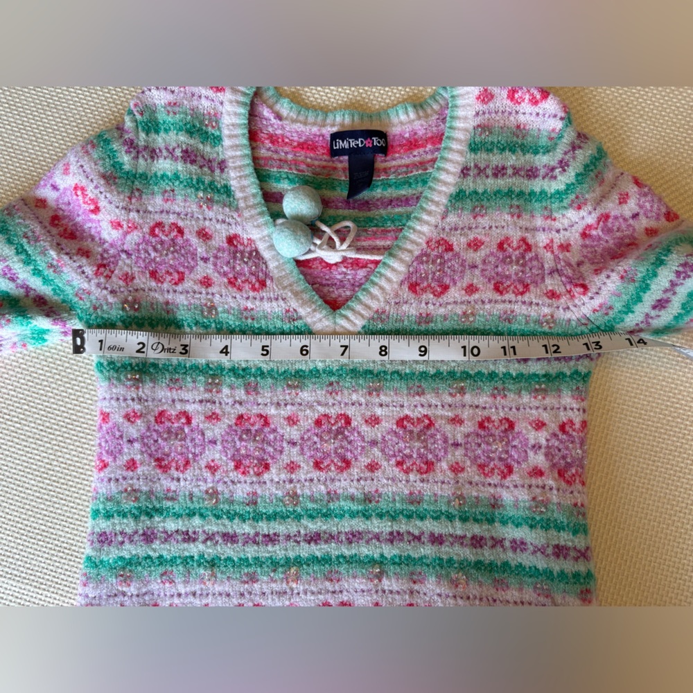 Limited Too Girls XS V Neck Sweater Beads Sparkles White Green Pink - Picture 6 of 7